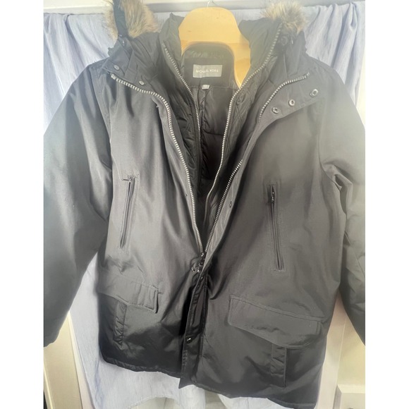 Michael Kors Mens Black Parka Jacket Hooded Faux Fur Trim Quilted Bib XXL